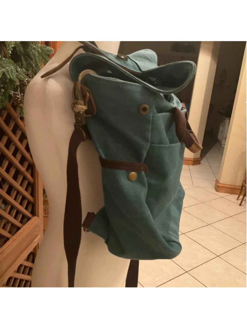 Acacia Canvas & Genuine Leather Backpack Tote Bag Teal - Picture 4 of 7